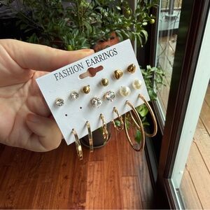 NWOT 8-Pair Gold, Pearl & Rhinestone Earring Set • Studs & Hoops